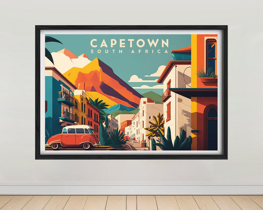 Framed South Africa Capetown Travel Poster in Landscape orientation, minimal background, close up wall art print 1