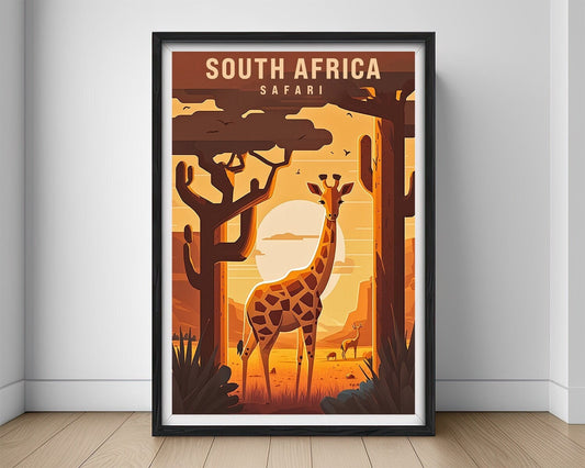 Framed South Africa Travel Poster in Portrait orientation, minimal background, close up wall art print 1