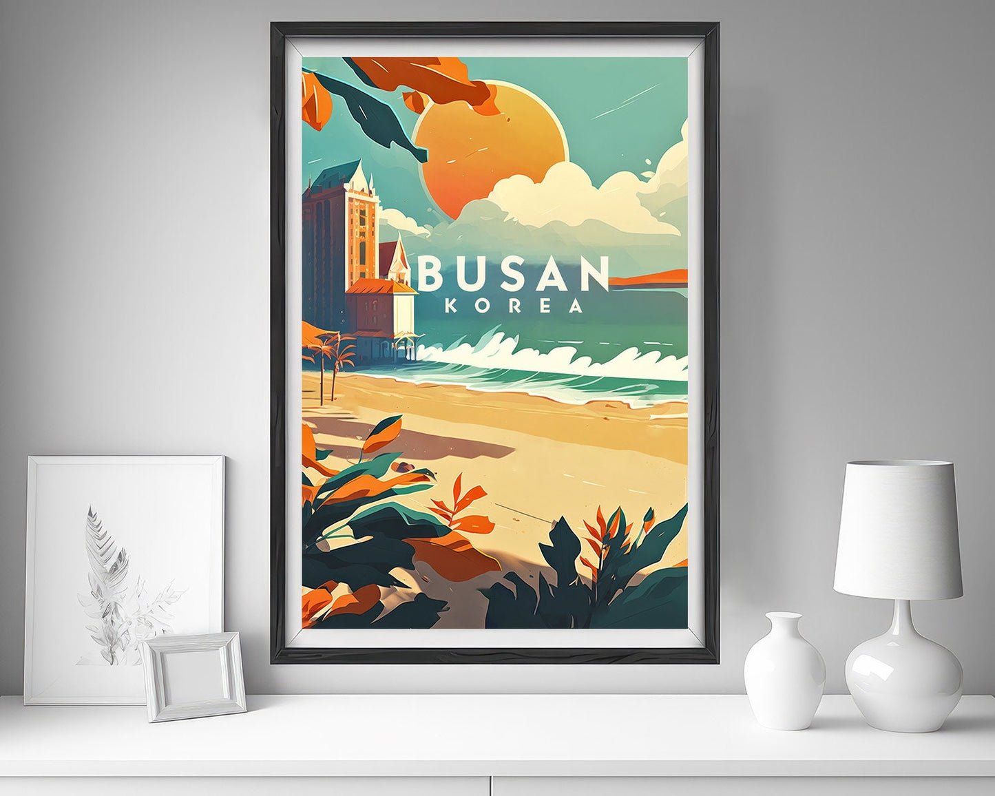 Framed South Korea Busan Travel Poster in Portrait orientation, minimal background, close up wall art print 5