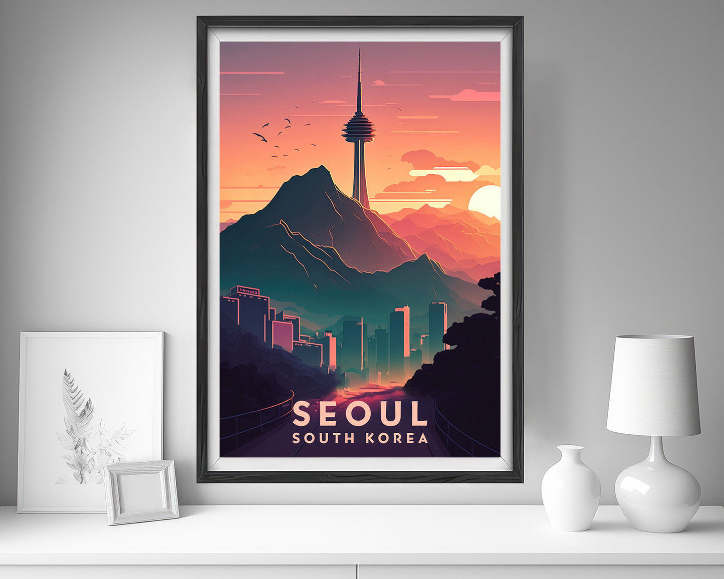 Framed South Korea Seoul Tower Travel Poster in Portrait orientation, minimal background, close up wall art print 5
