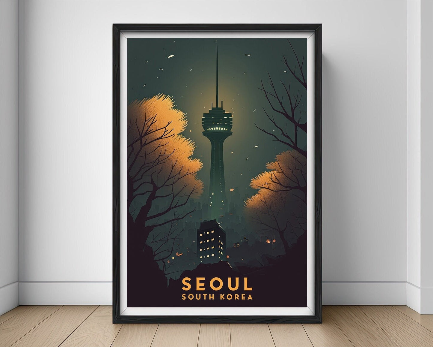 Framed South Korea Seoul Travel Poster in Portrait orientation, minimal background, close up wall art print 1