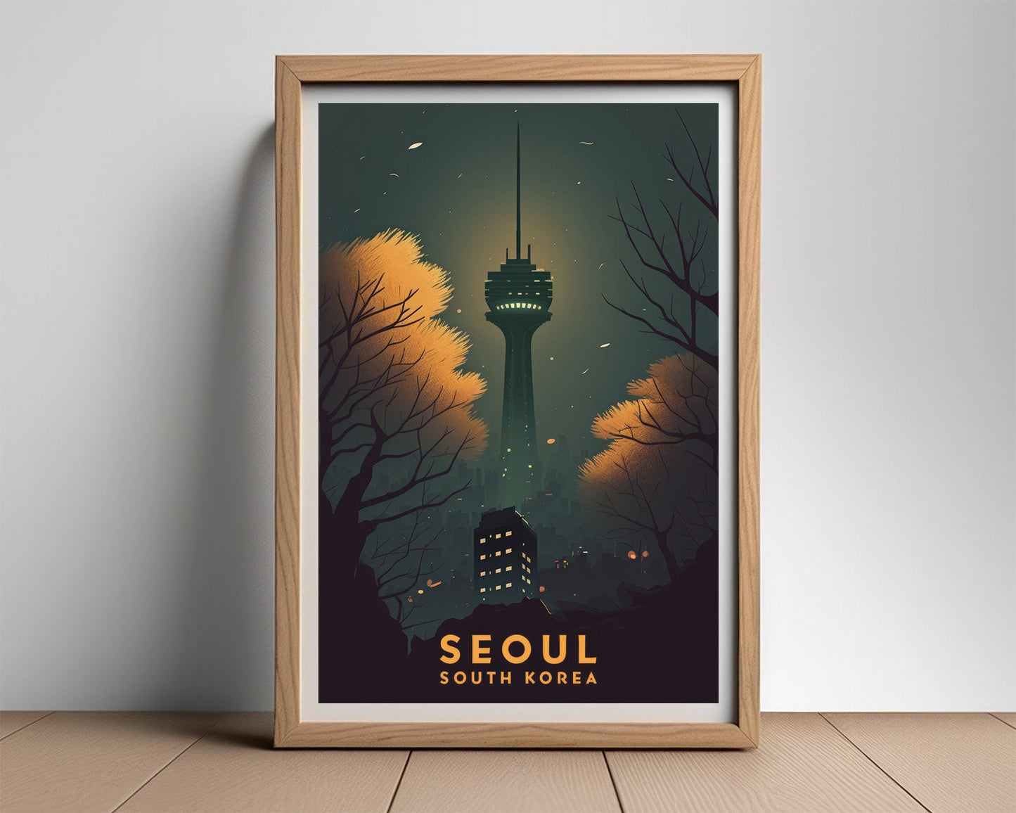 Framed South Korea Seoul Travel Poster in Portrait orientation, minimal background, close up wall art print 2