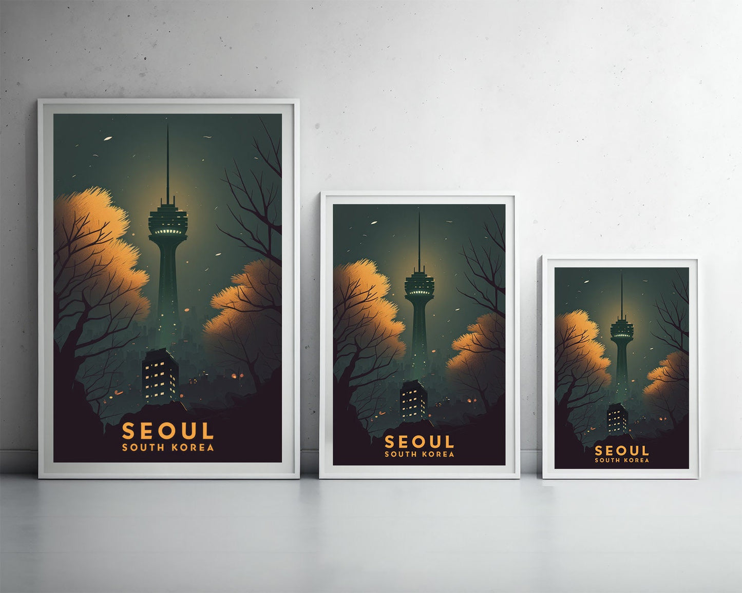 Framed South Korea Seoul Travel Poster in Portrait orientation, minimal background, close up wall art print 3