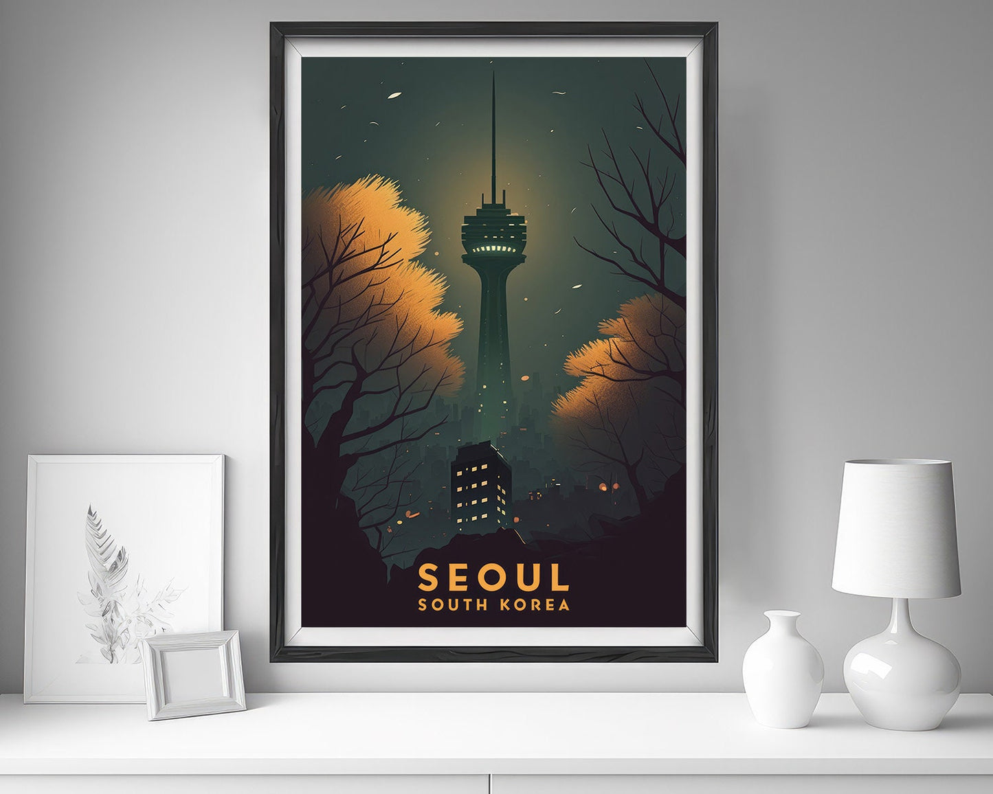 Framed South Korea Seoul Travel Poster in Portrait orientation, minimal background, close up wall art print 5