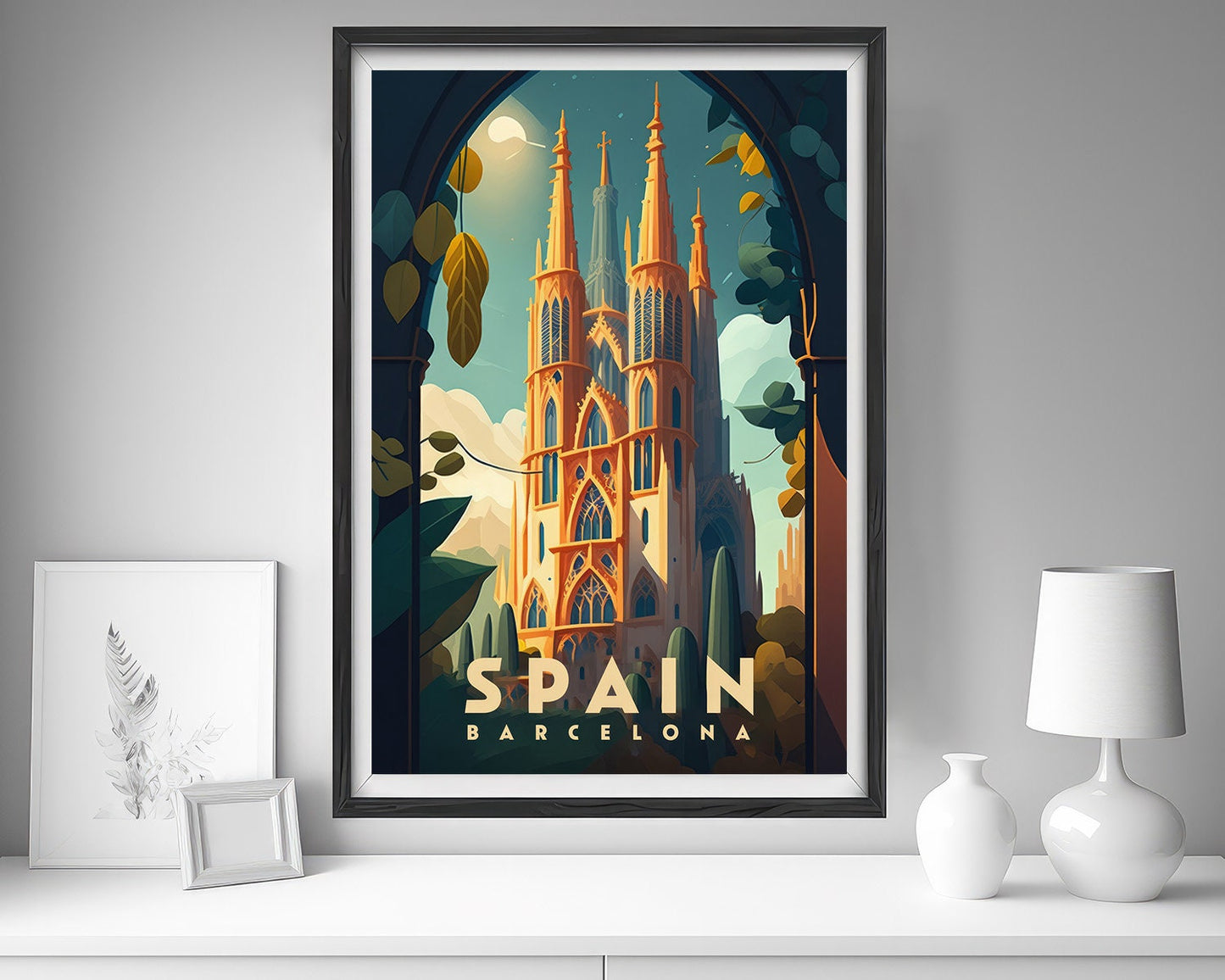 Framed Spain Barcelona Travel Poster in Portrait orientation, minimal background, close up wall art print 5