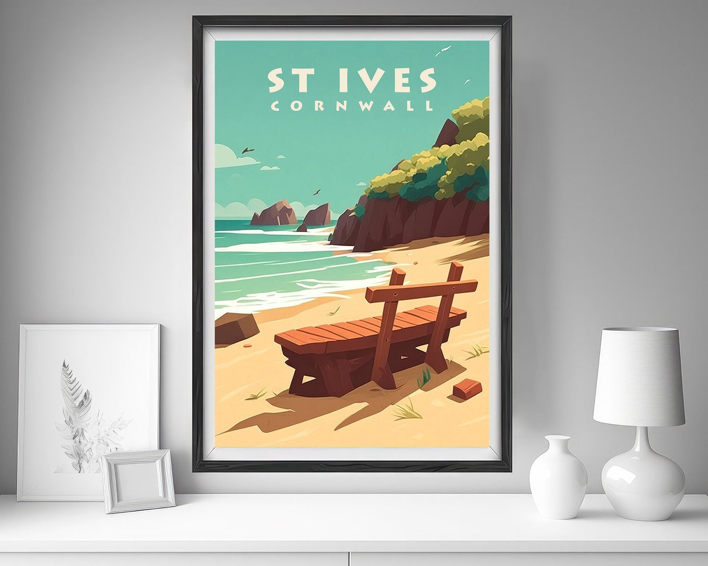 Framed St Ives Cornwall Travel Poster in Portrait orientation, minimal background, close up wall art print 5