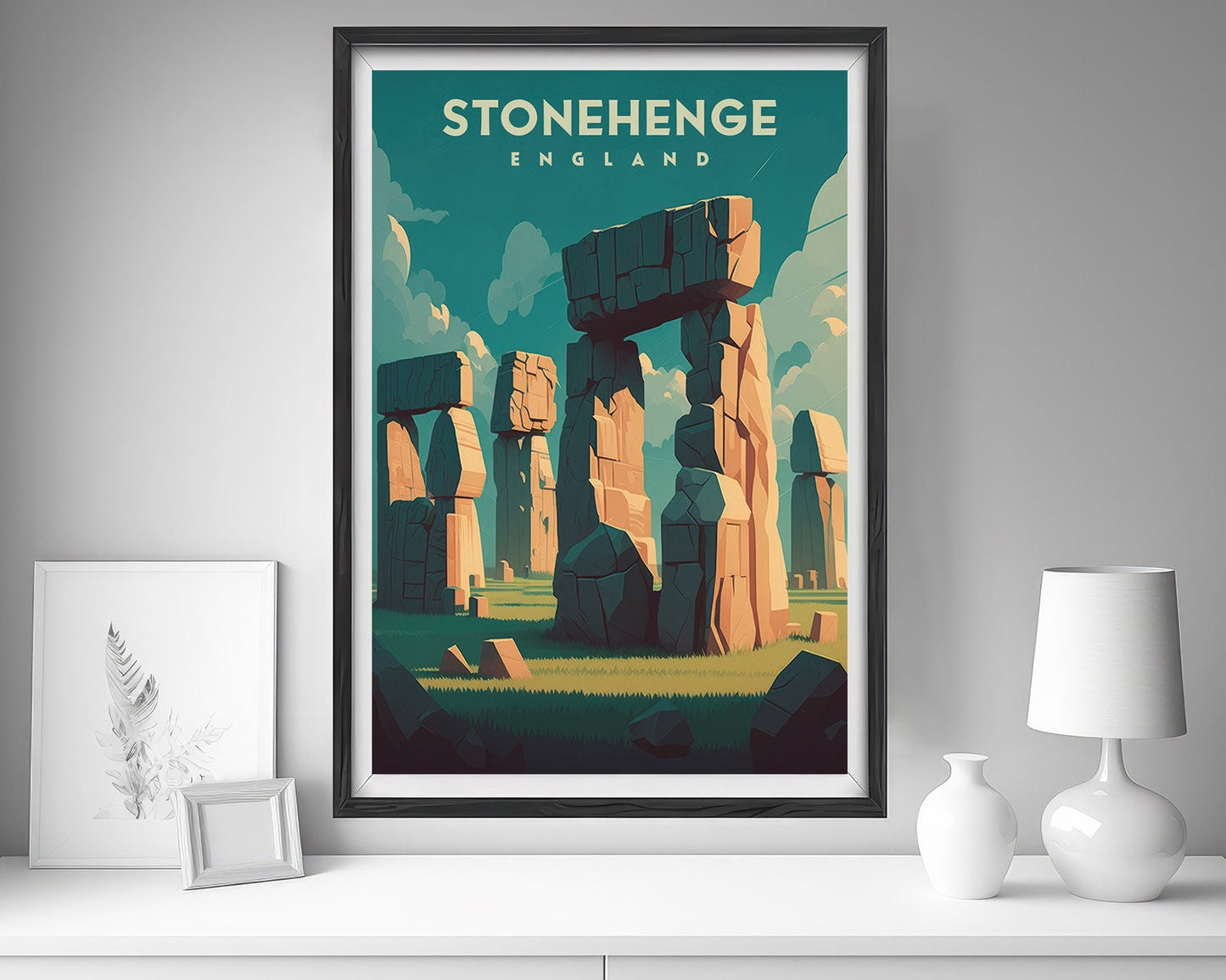 Framed Stonehenge England Travel Poster in Portrait orientation, minimal background, close up wall art print 5