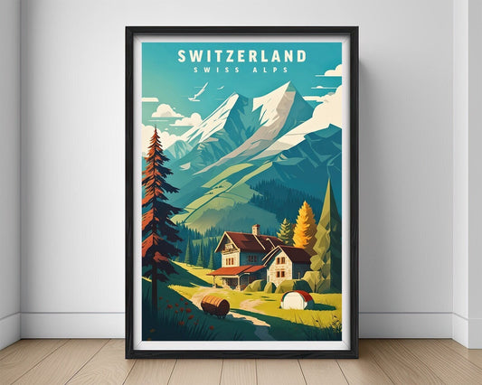 Framed Swiss Alps Switzerland Travel Poster in Portrait orientation, minimal background, close up wall art print 1