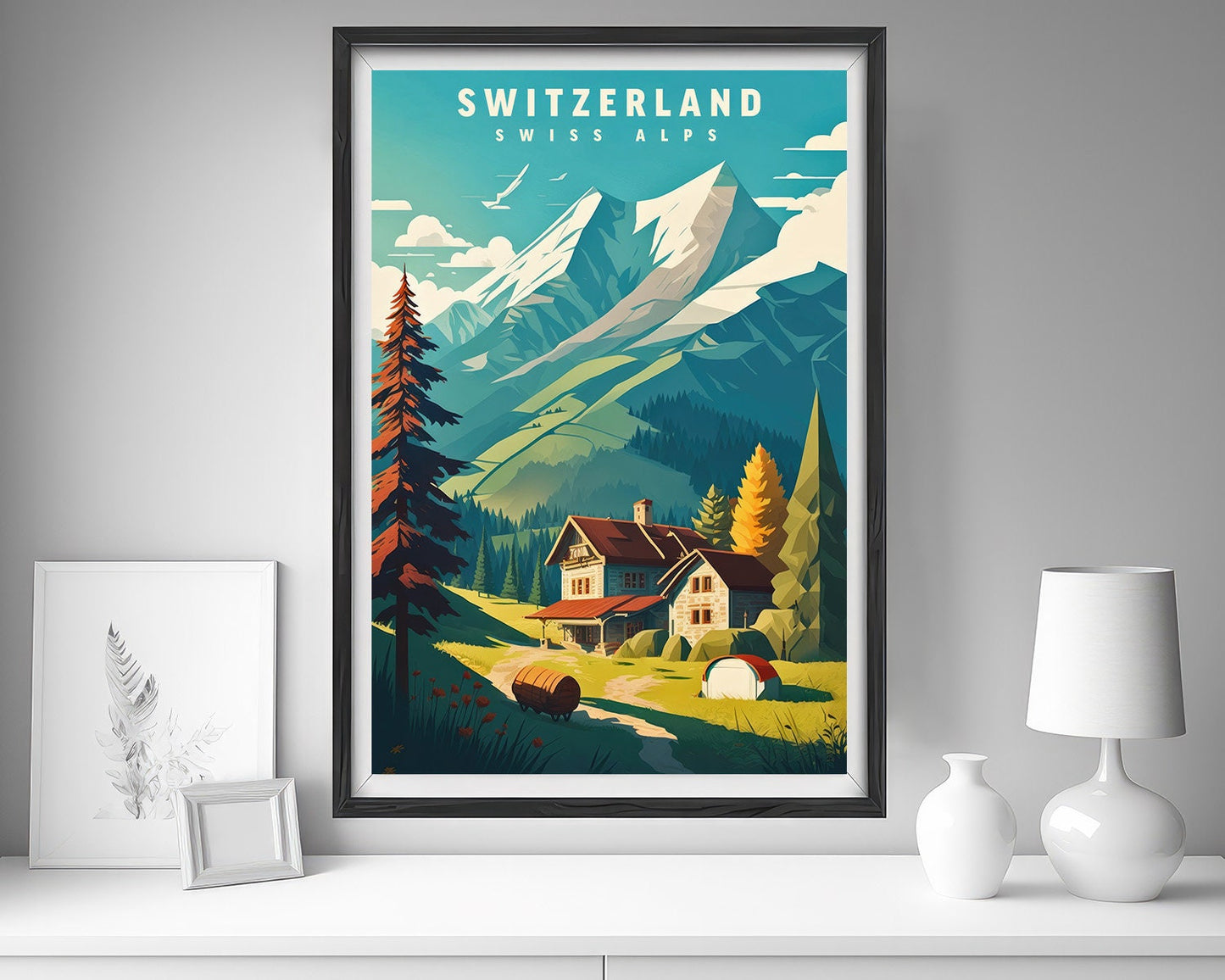 Framed Swiss Alps Switzerland Travel Poster in Portrait orientation, minimal background, close up wall art print 5