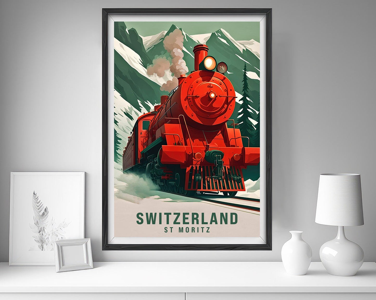 Framed Switzerland St Moritz Travel Poster in Portrait orientation, minimal background, close up wall art print 5
