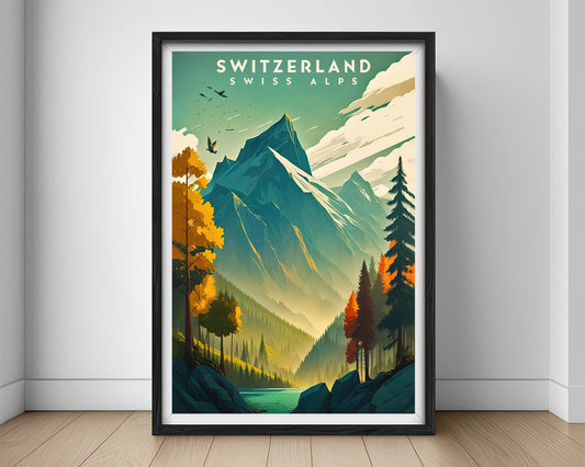 Framed Switzerland Swiss Alps Travel Poster in Portrait orientation, minimal background, close up wall art print 1