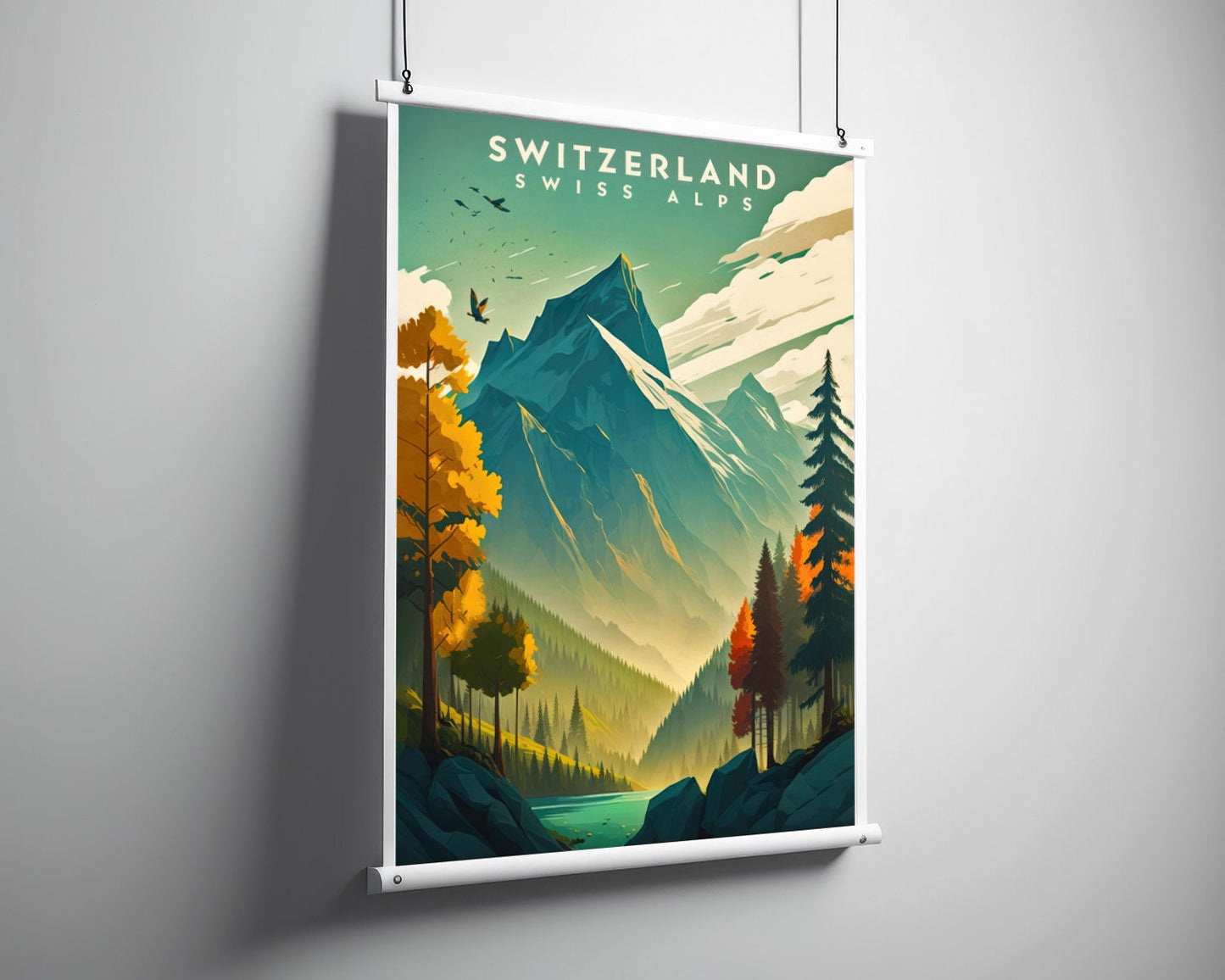 Framed Switzerland Swiss Alps Travel Poster in Portrait orientation, minimal background, close up wall art print 5