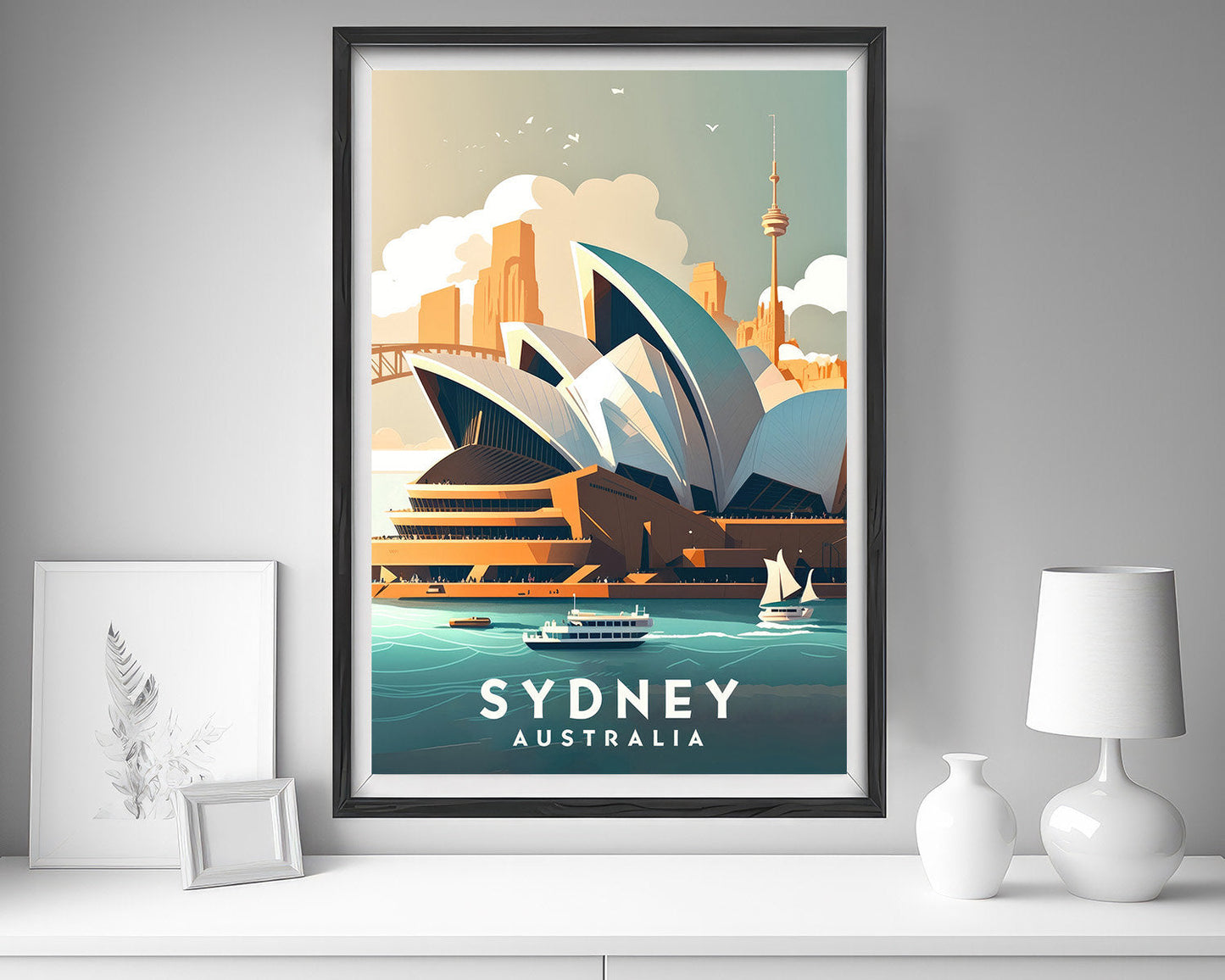 Framed Sydney Australia Travel Poster in Portrait orientation, minimal background, close up wall art print 5