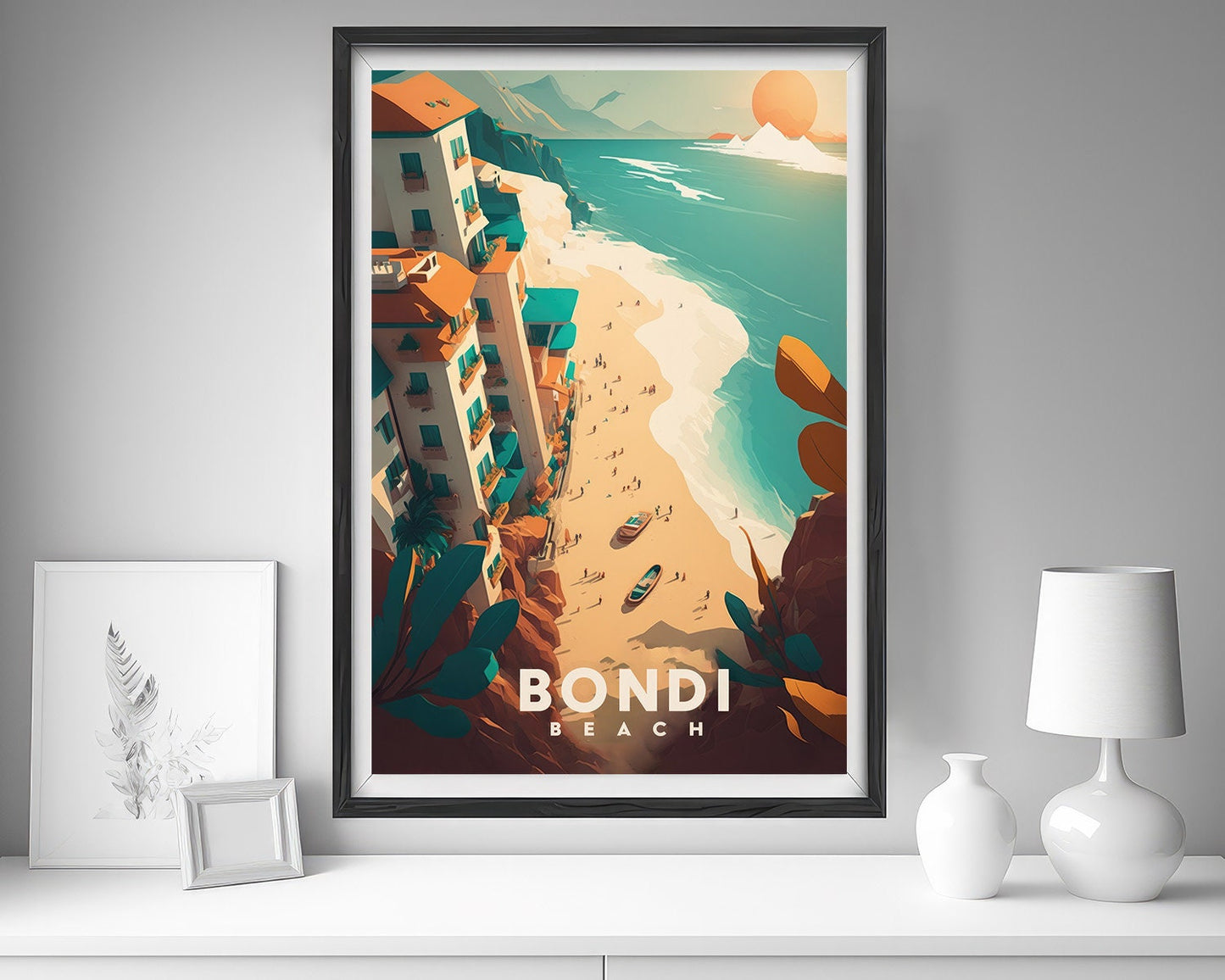 Framed Sydney Bondi Beach Travel Poster in Portrait orientation, minimal background, close up wall art print 5