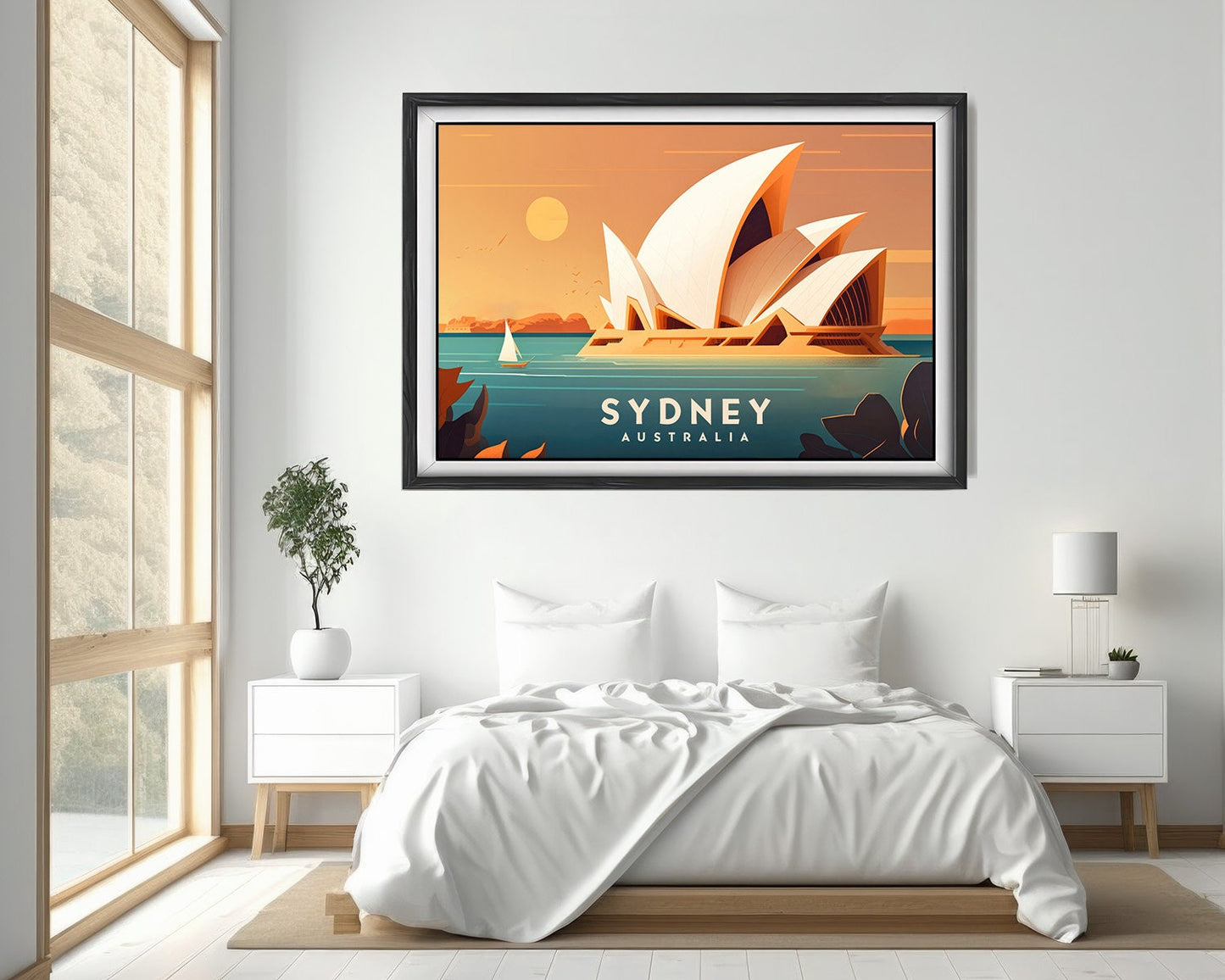 Framed Sydney Opera House Australia Travel Poster in Landscape orientation, minimal background, close up wall art print 4
