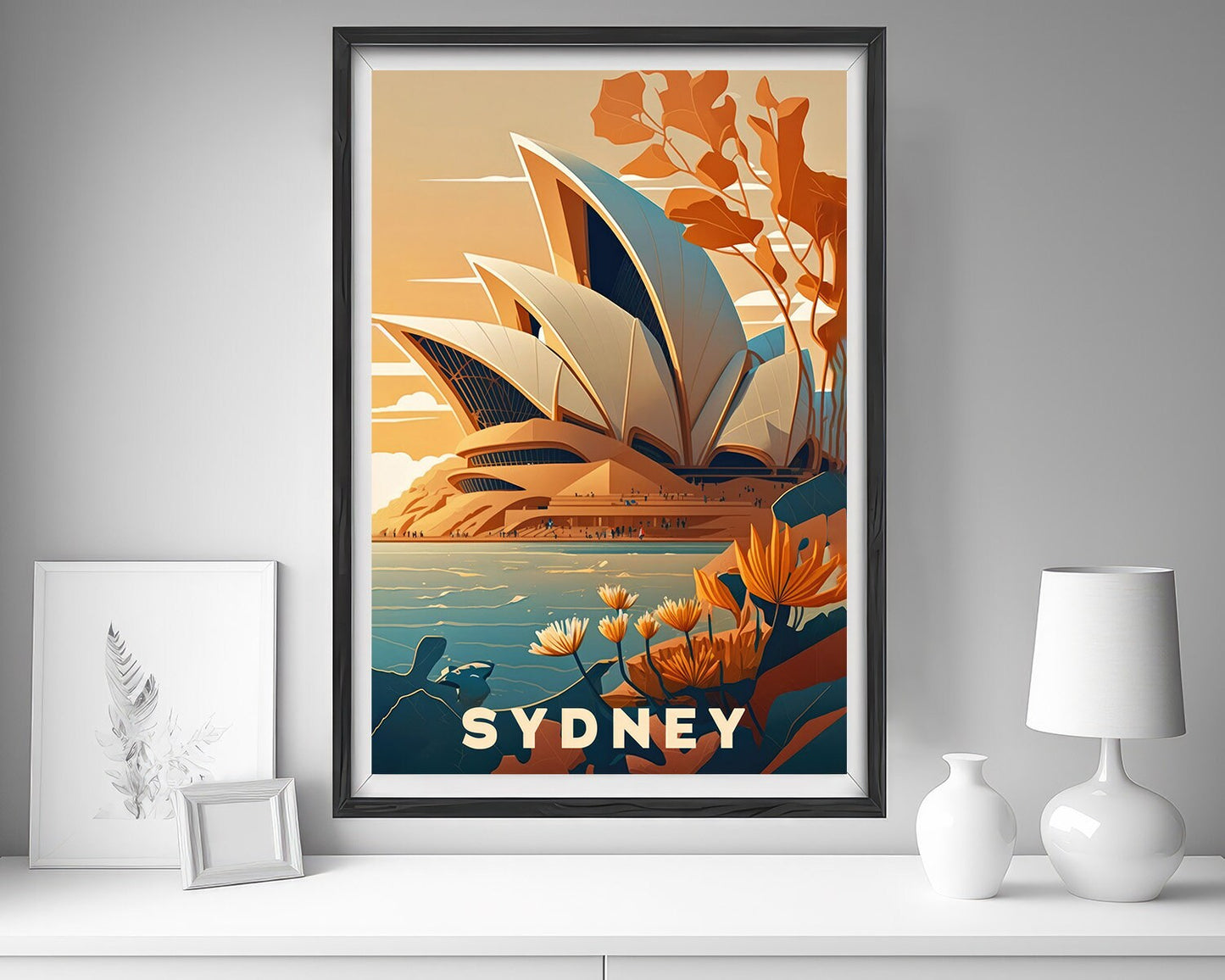Framed Sydney Opera House Sunset Travel Poster in Portrait orientation, minimal background, close up wall art print 5