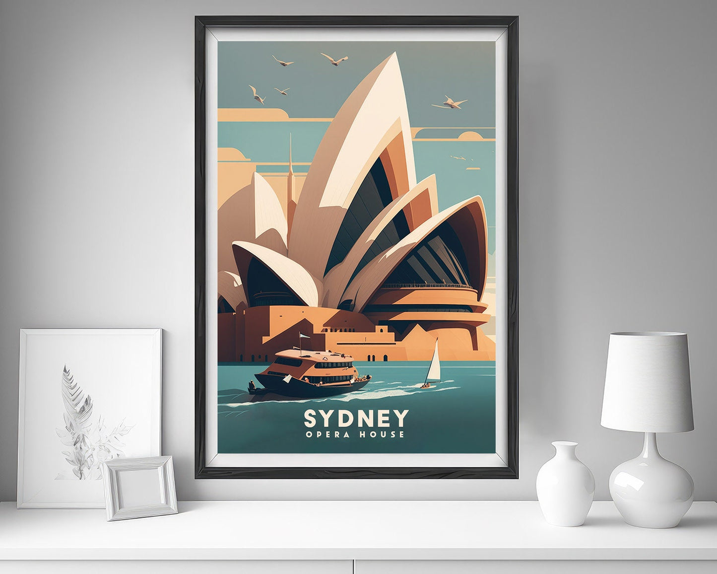 Framed Sydney Opera House Travel Poster in Portrait orientation, minimal background, close up wall art print 5