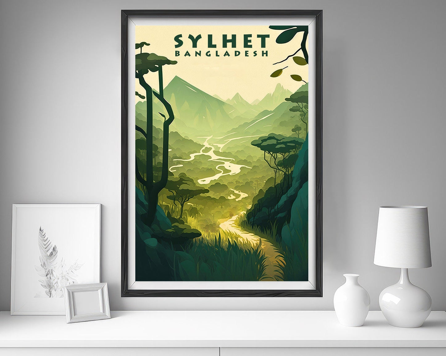 Framed Sylhet Bangladesh Travel Poster in Portrait orientation, minimal background, close up wall art print 5