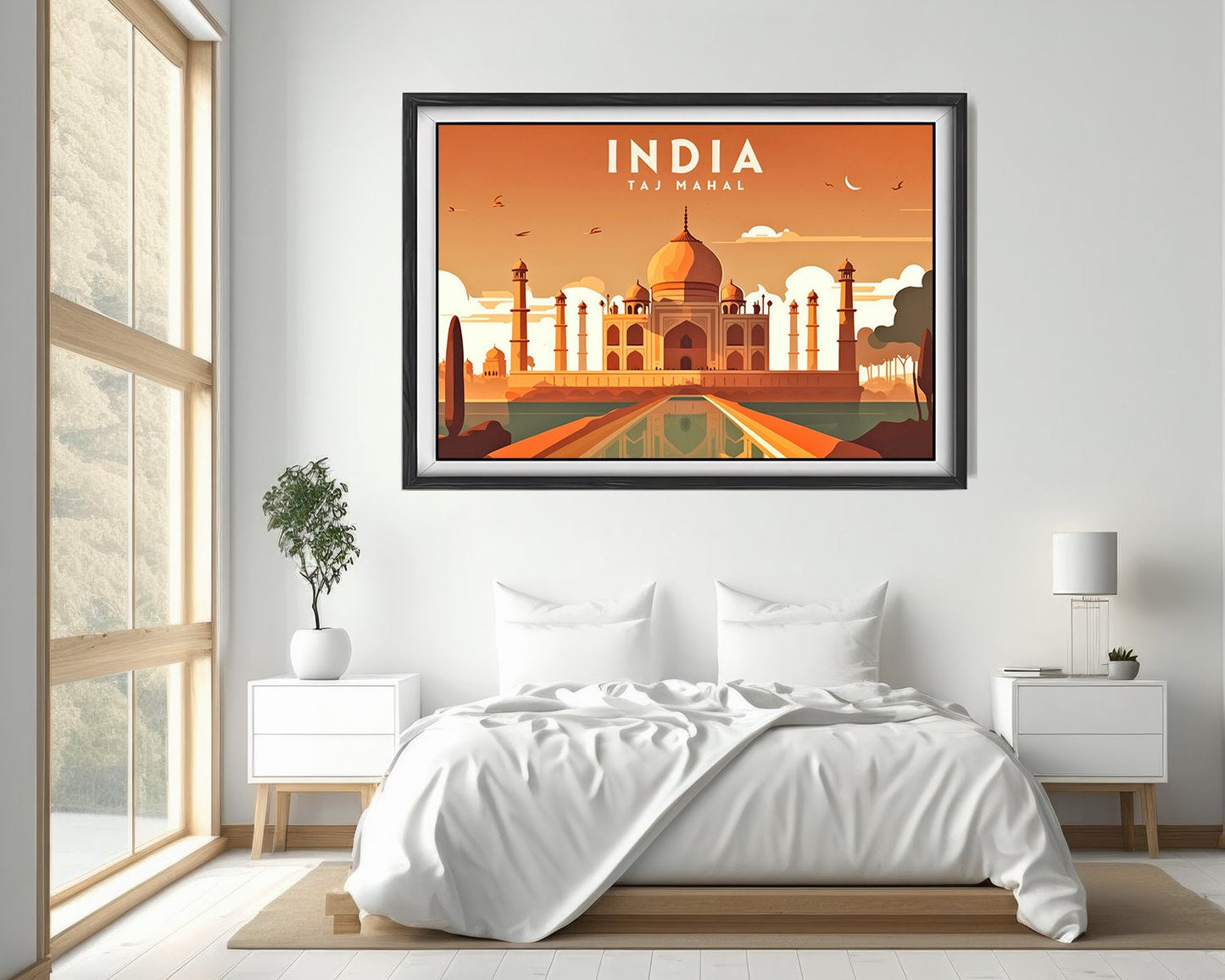 Framed Taj Mahal India Delhi Travel Poster in Landscape orientation, minimal background, close up wall art print 4