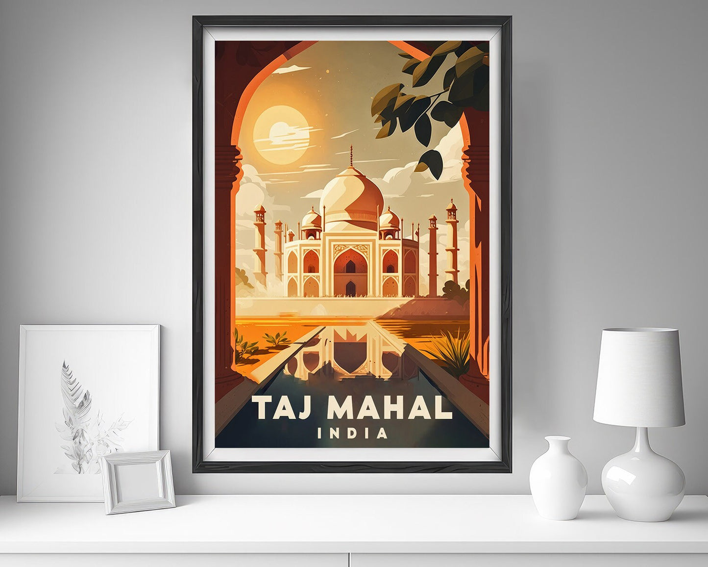 Framed Taj Mahal India Travel Poster in Portrait orientation, minimal background, close up wall art print 5