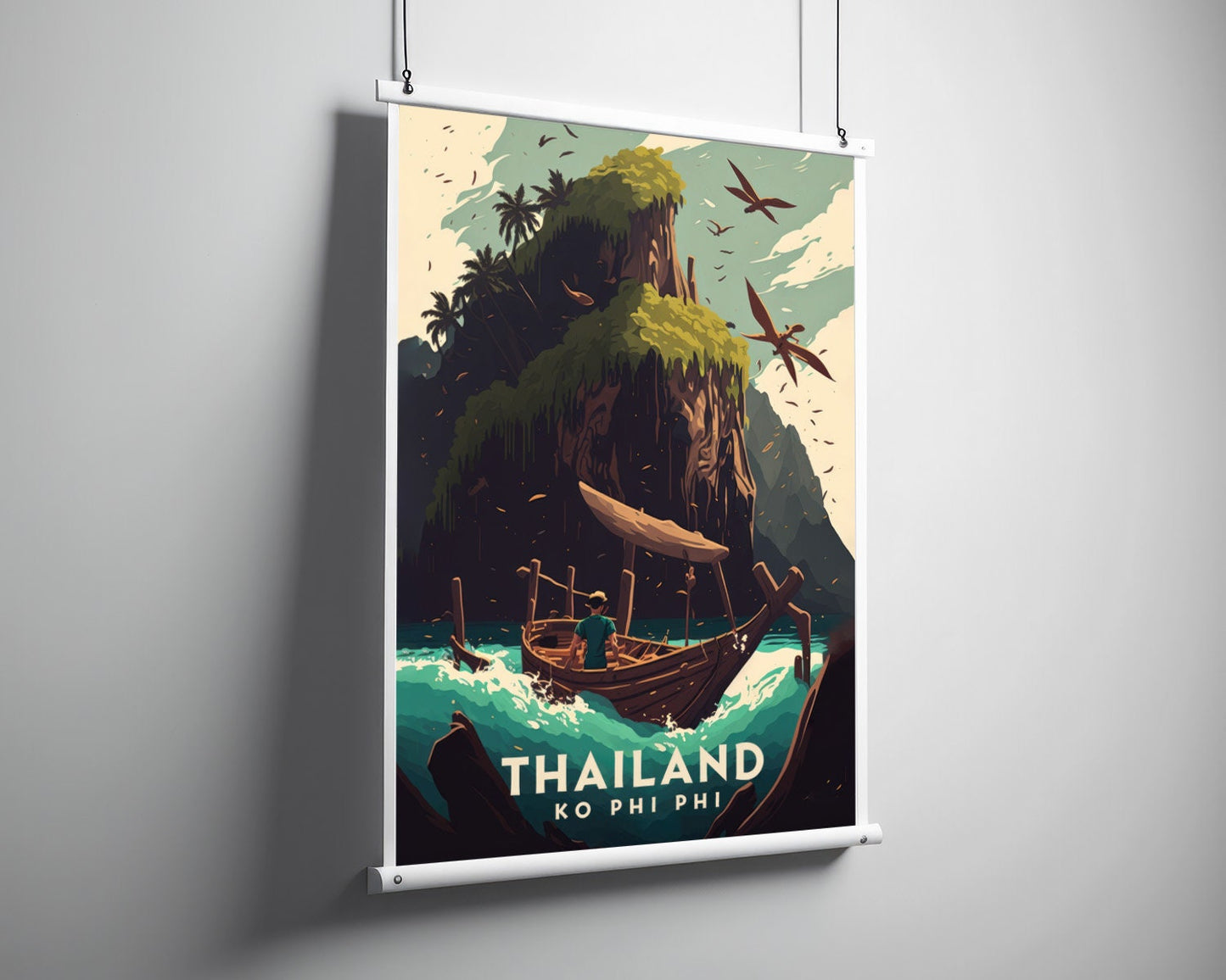 Framed Thailand Phi Phi Island Travel Poster in Portrait orientation, minimal background, close up wall art print 5