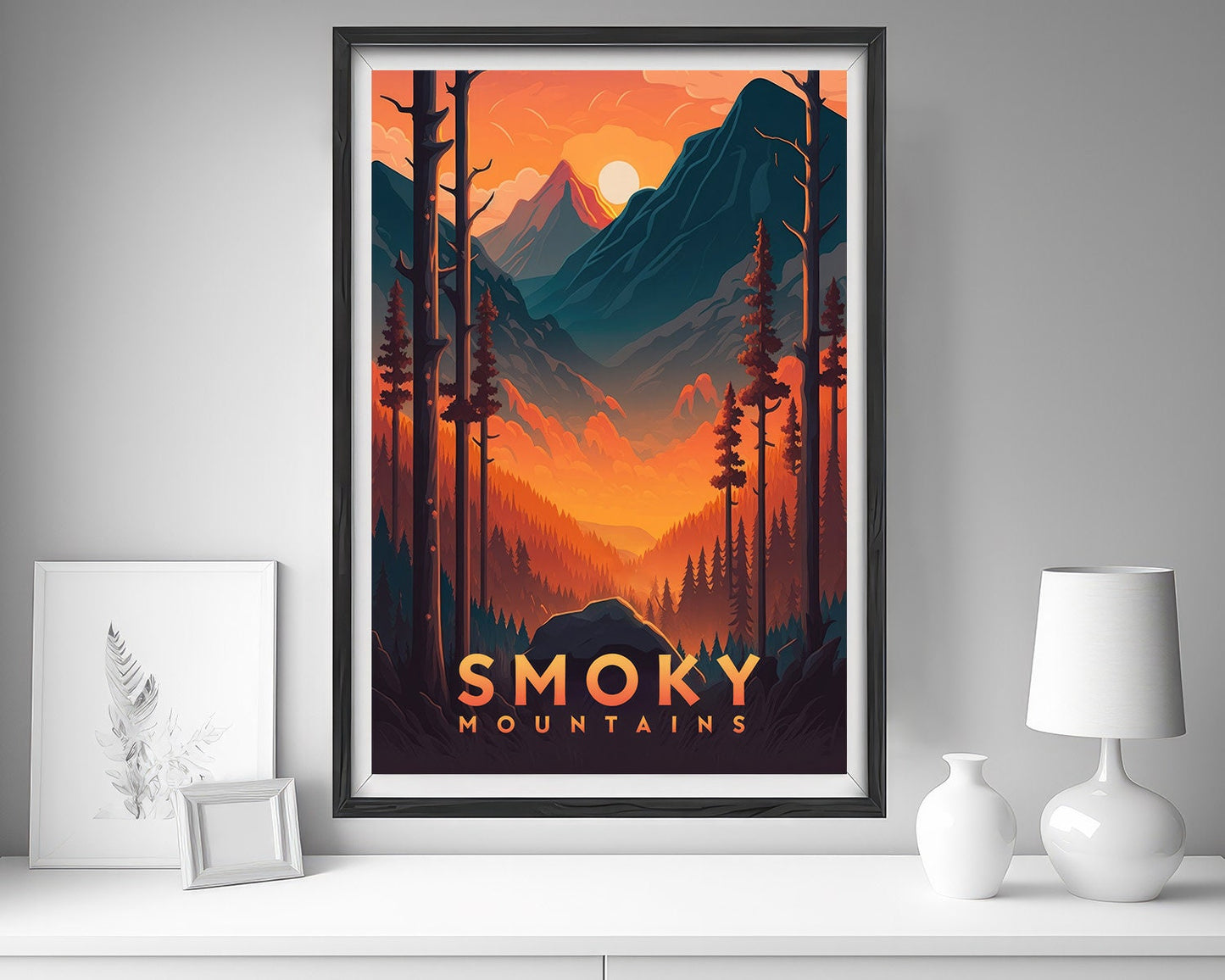 Framed The Great Smoky Mountains Travel Poster in Portrait orientation, minimal background, close up wall art print 5