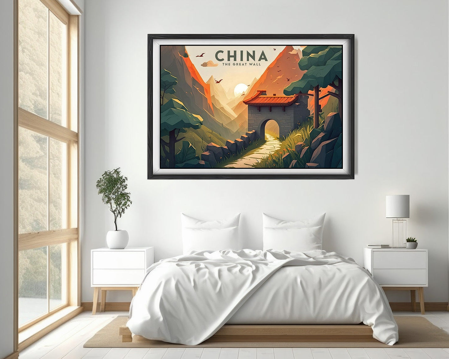 Framed The Great Wall Of China Travel Poster in Landscape orientation, minimal background, close up wall art print 4