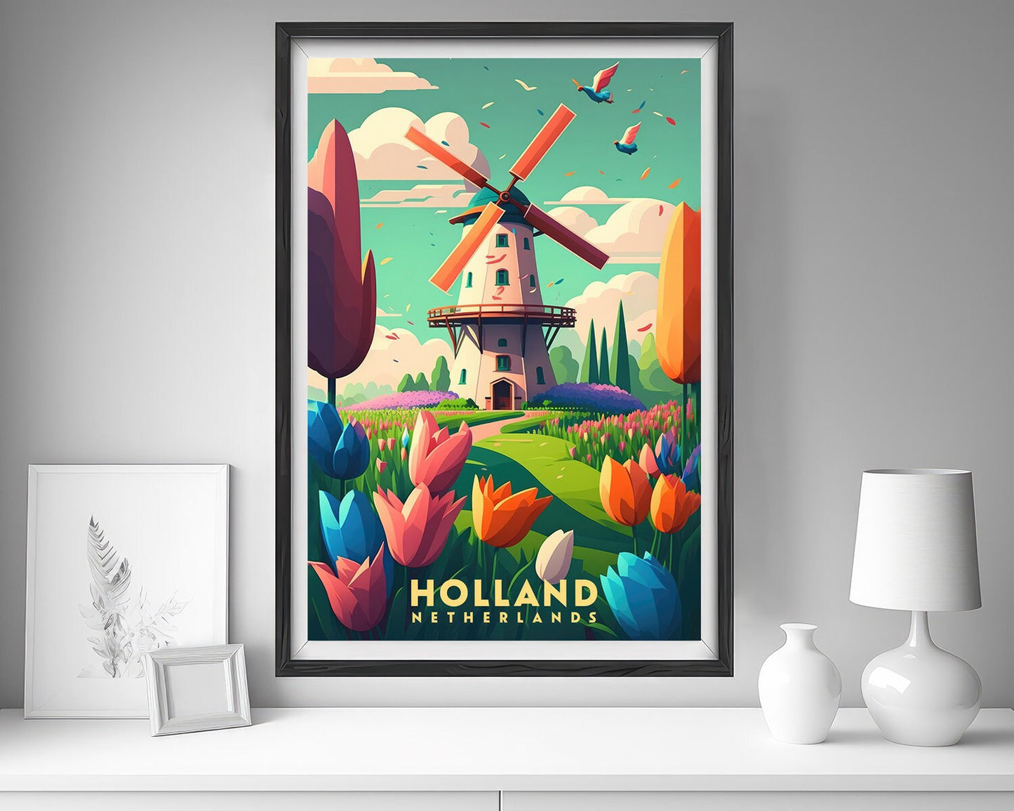 Framed The Netherlands Europe Travel Poster in Portrait orientation, minimal background, close up wall art print 5