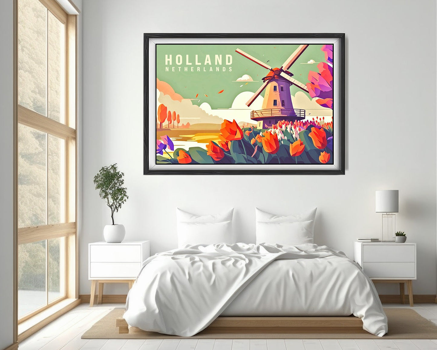 Framed The Netherlands Holland Travel Poster in Landscape orientation, minimal background, close up wall art print 4