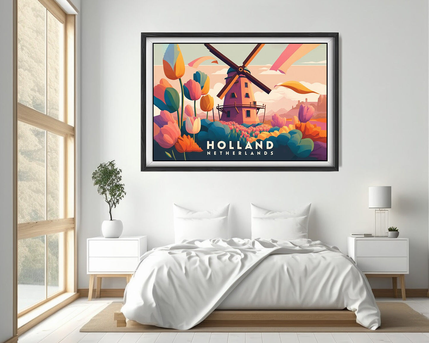 Framed The Netherlands Travel Poster in Landscape orientation, minimal background, close up wall art print 4