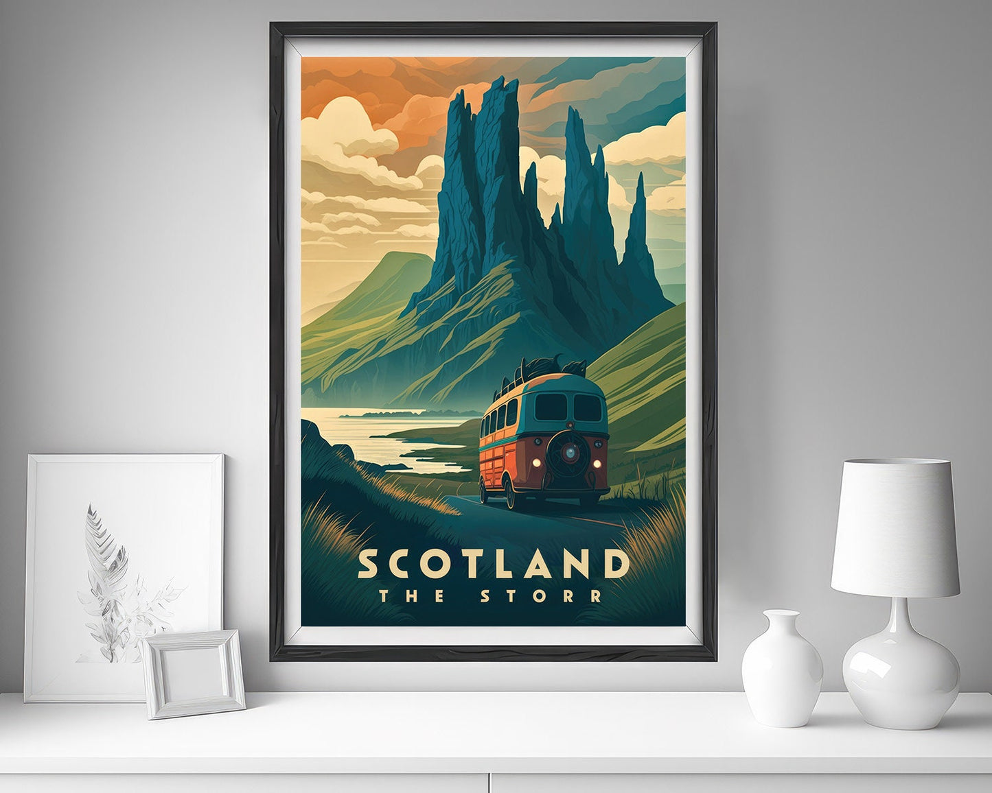 Framed The Storr Scotland Travel Poster in Portrait orientation, minimal background, close up wall art print 5