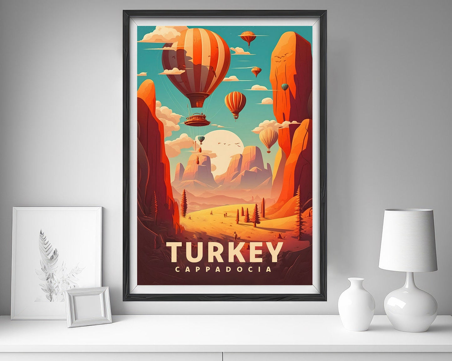 Framed Turkey Cappadocia Travel Poster in Portrait orientation, minimal background, close up wall art print 5