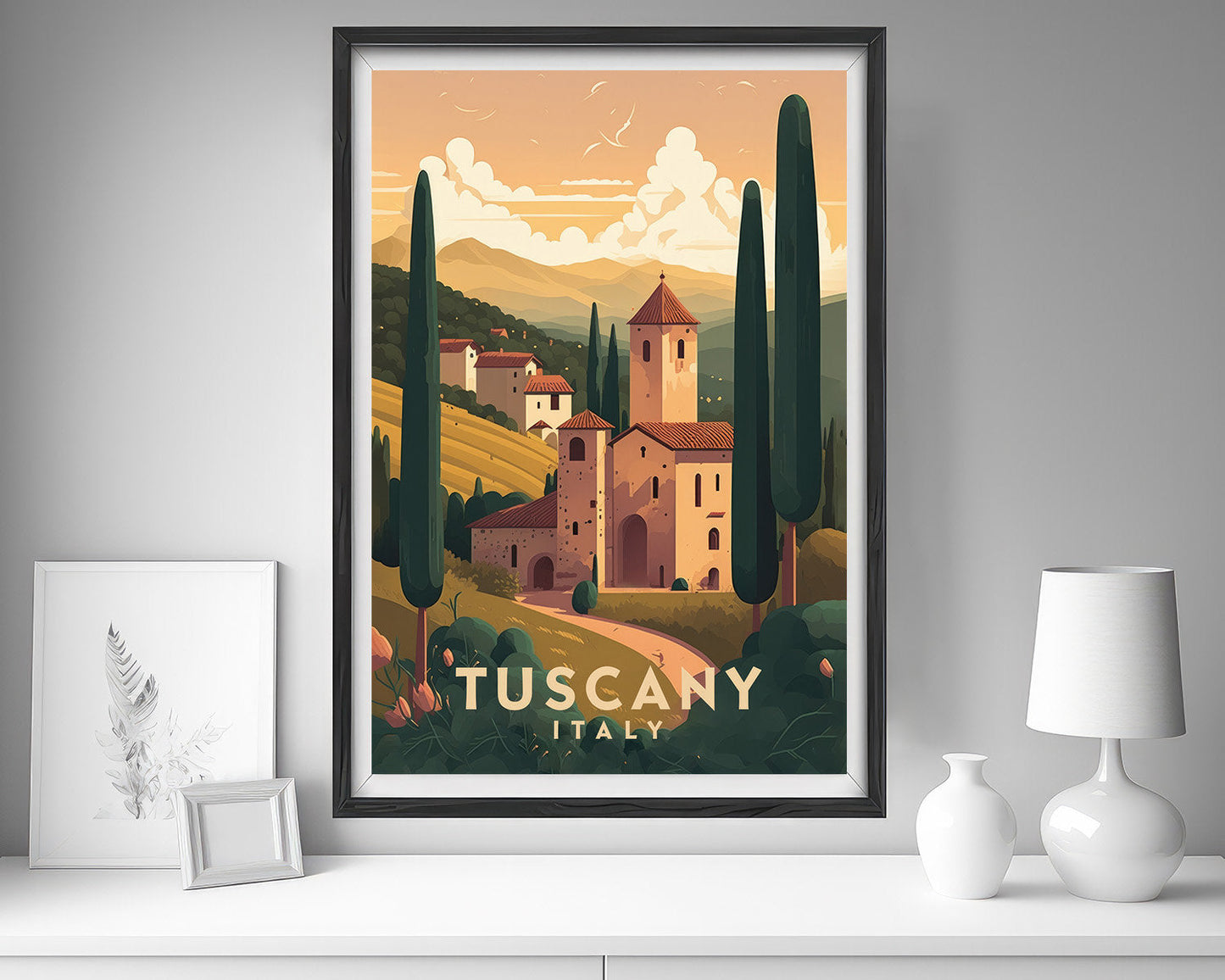 Framed Tuscany Italy Europe Travel Poster in Portrait orientation, minimal background, close up wall art print 5