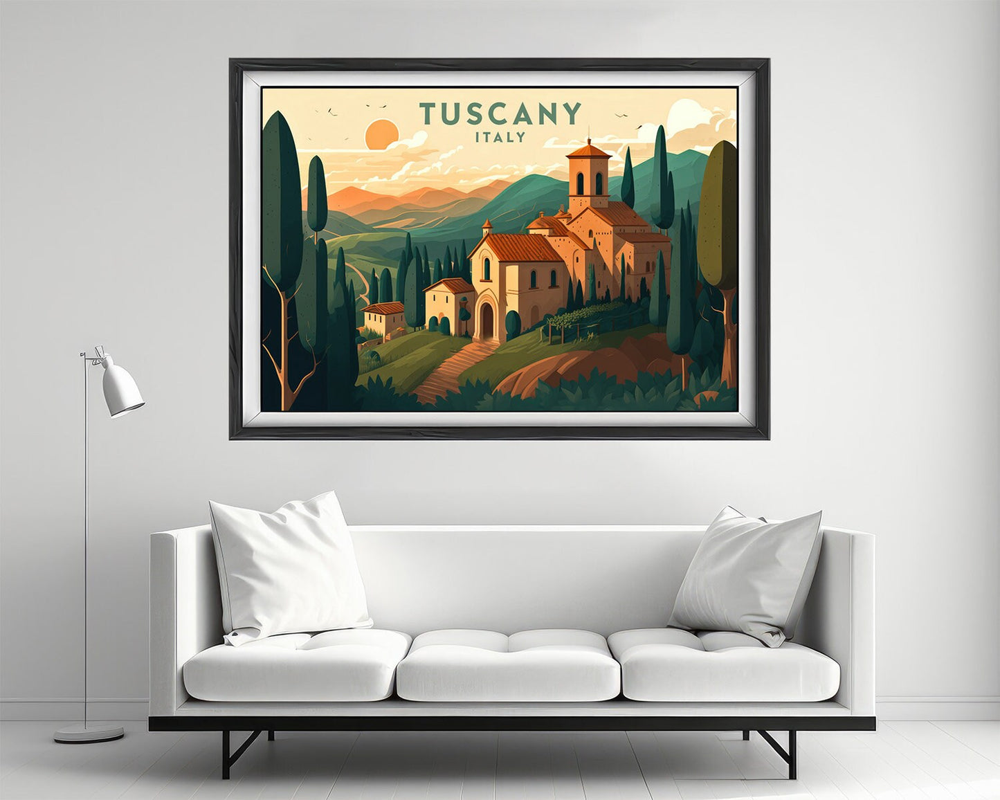 Framed Tuscany Italy Travel Poster in Landscape orientation, minimal background, close up wall art print 4