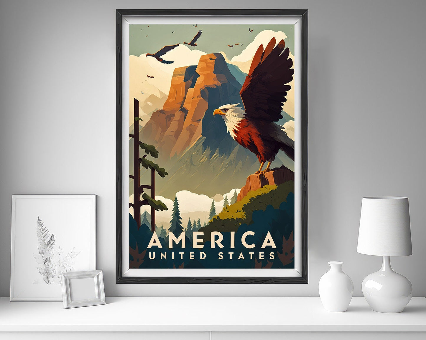 Framed United States of America Eagle Travel Poster in Portrait orientation, minimal background, close up wall art print 5