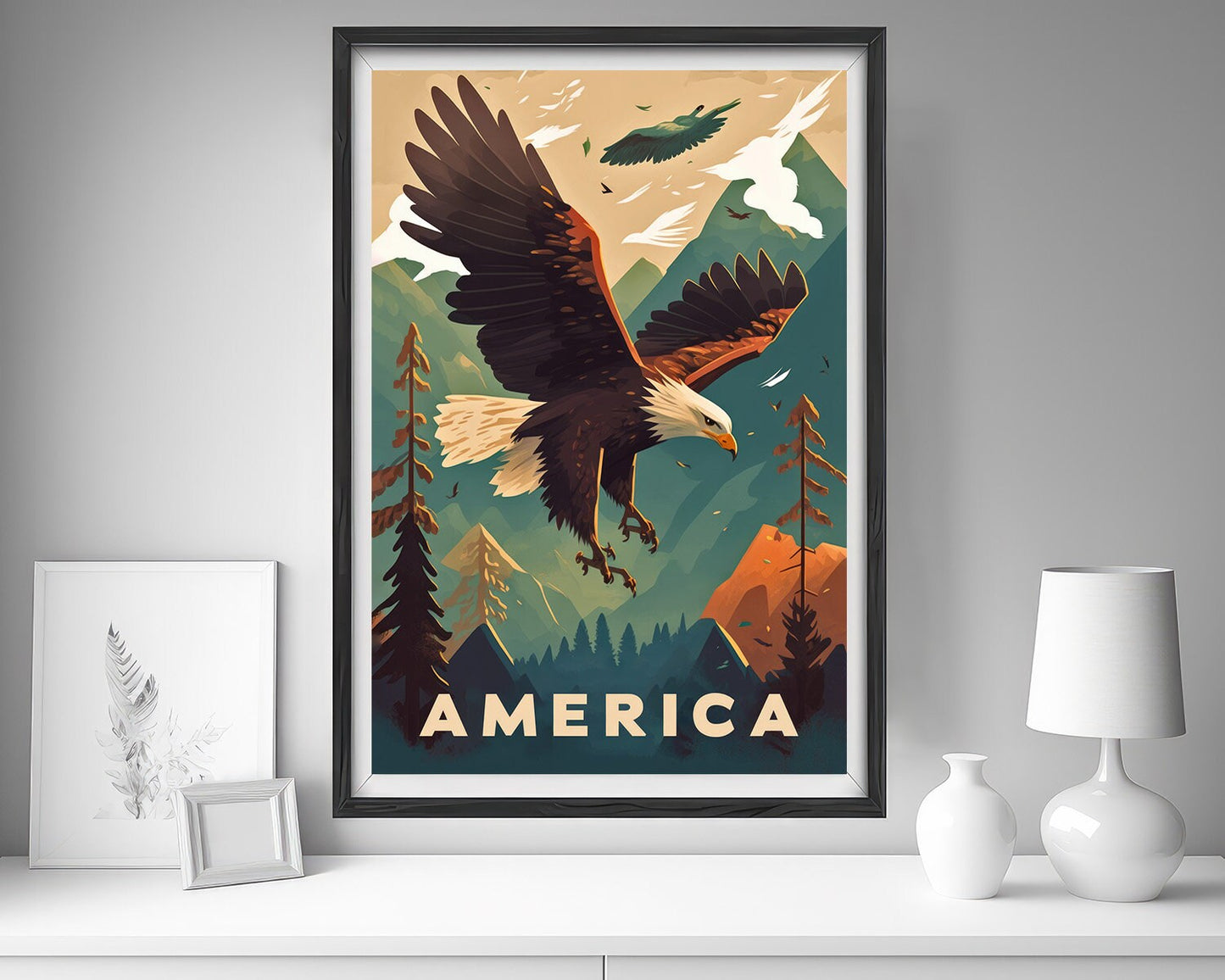 Framed United States of America Travel Poster in Portrait orientation, minimal background, close up wall art print 5