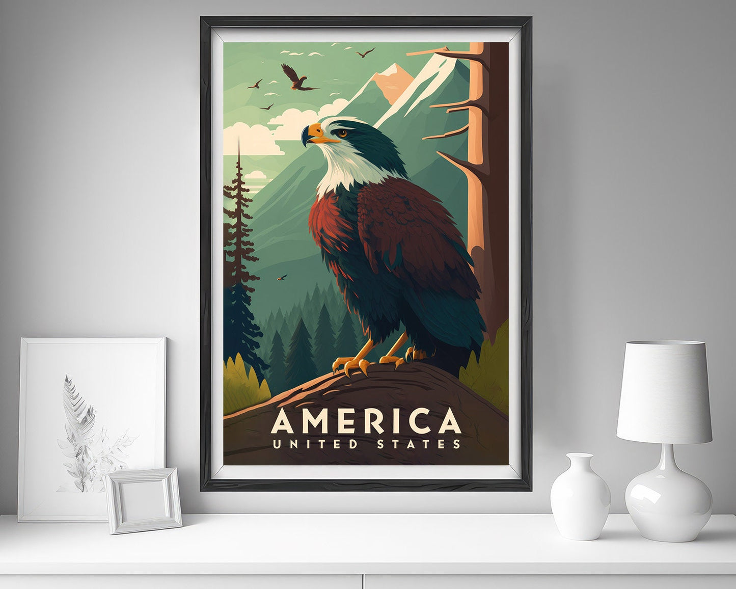 Framed United States of America USA Travel Poster in Portrait orientation, minimal background, close up wall art print 5