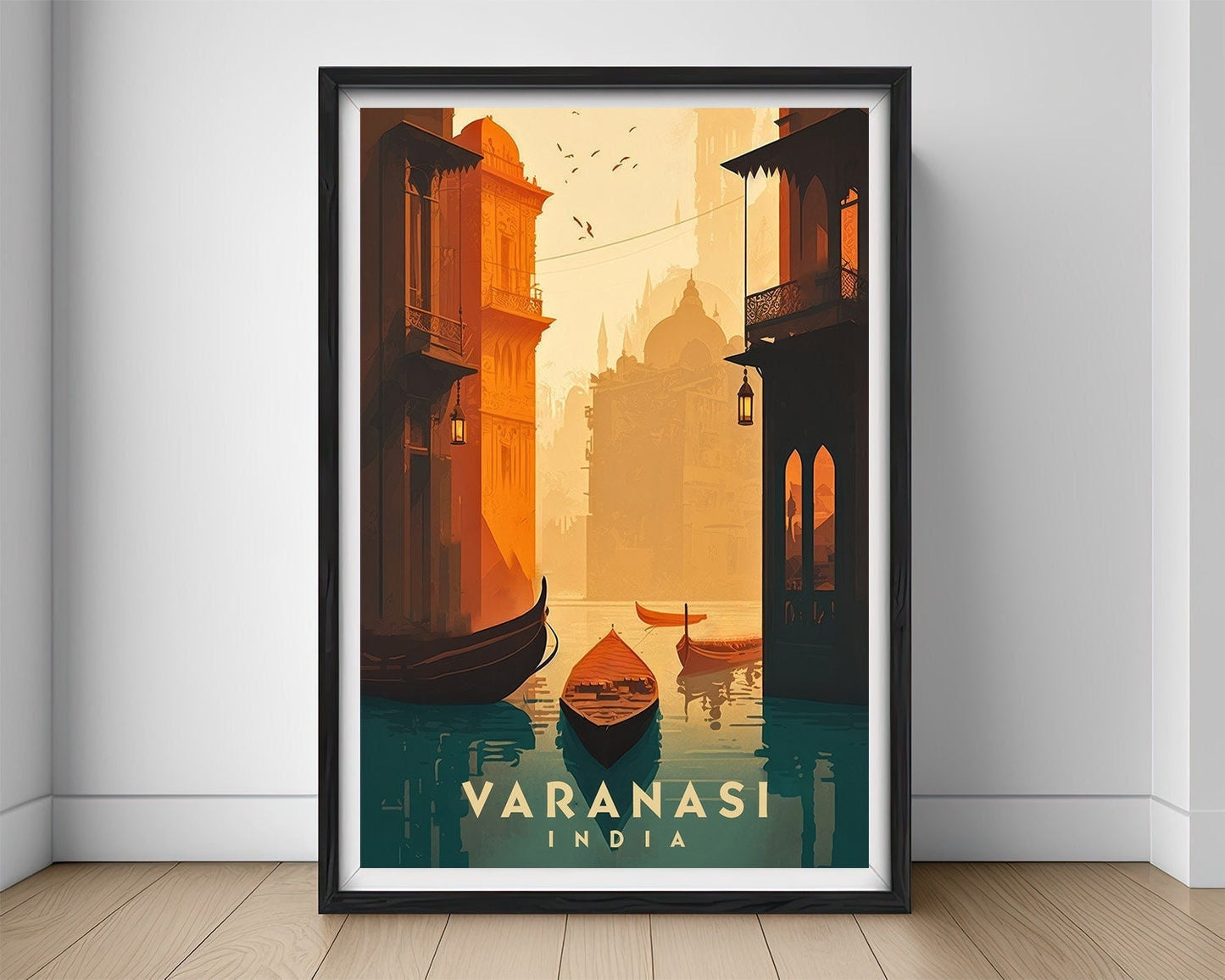 Framed Varanasi India Travel Poster in Portrait orientation, minimal background, close up wall art print 1