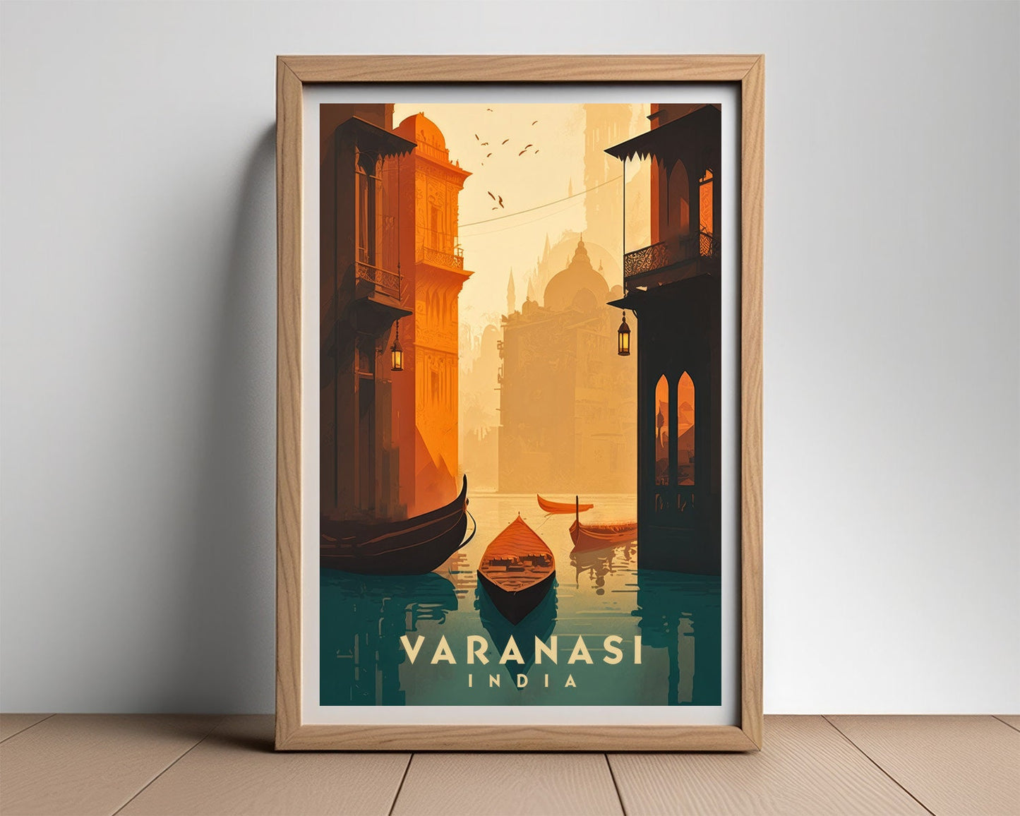 Framed Varanasi India Travel Poster in Portrait orientation, minimal background, close up wall art print 2