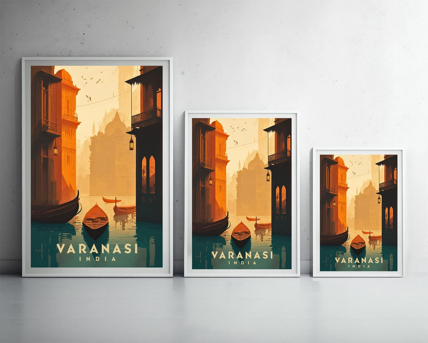 Framed Varanasi India Travel Poster in Portrait orientation, minimal background, close up wall art print 3