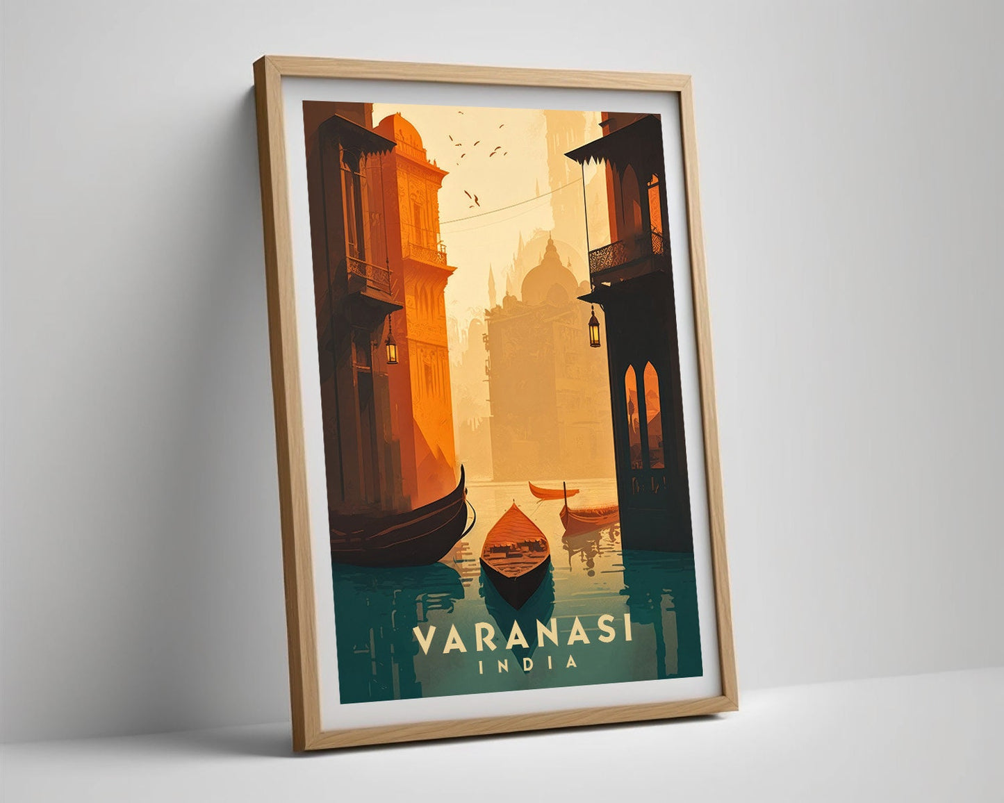 Framed Varanasi India Travel Poster in Portrait orientation, minimal background, close up wall art print 4