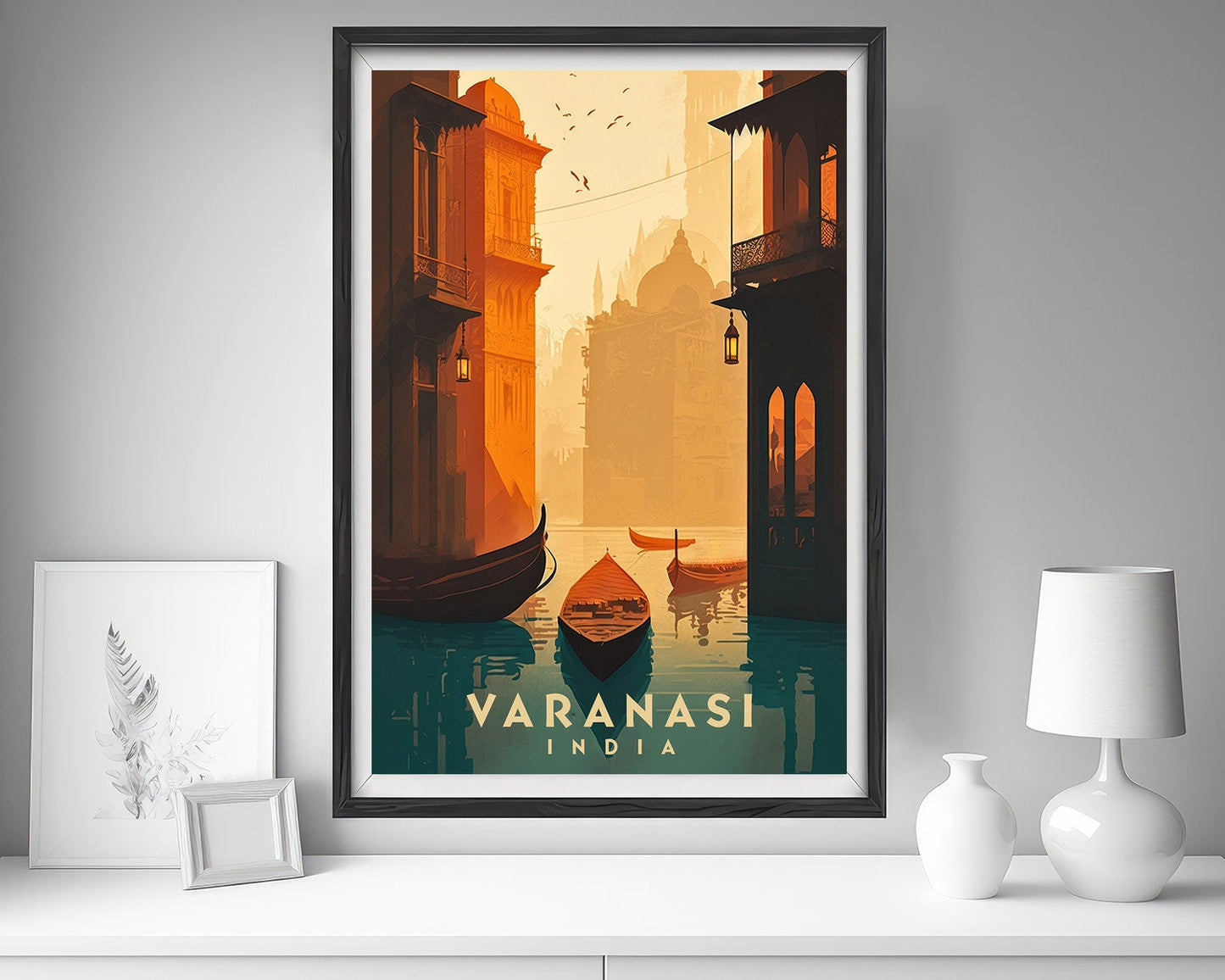 Framed Varanasi India Travel Poster in Portrait orientation, minimal background, close up wall art print 5