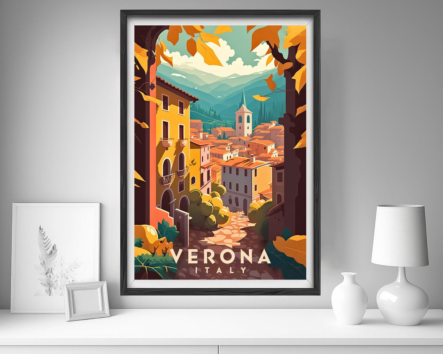 Framed Verona Italy Travel Poster in Portrait orientation, minimal background, close up wall art print 5