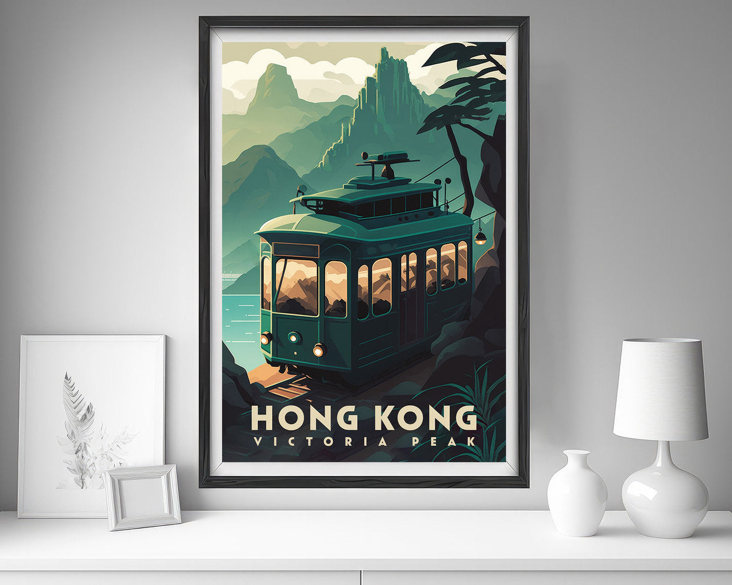 Framed Victoria Peak Hong Kong Travel Poster in Portrait orientation, minimal background, close up wall art print 5