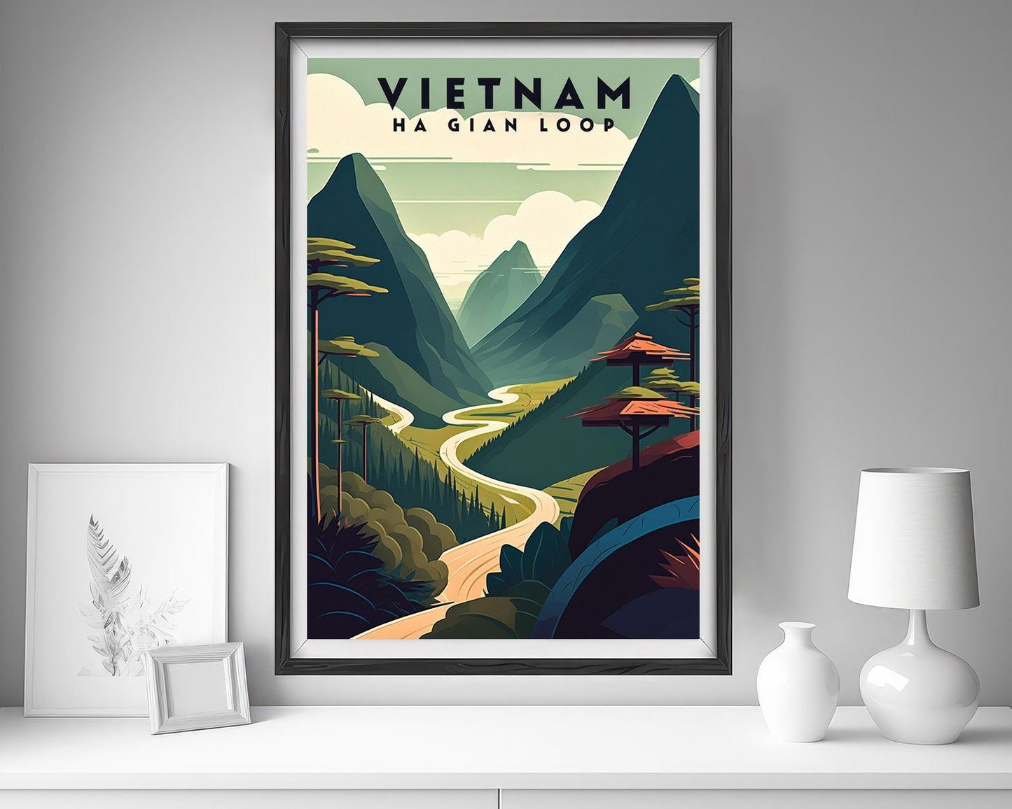 Framed Vietnam Ha Giang Loop Travel Poster in Portrait orientation, minimal background, close up wall art print 5