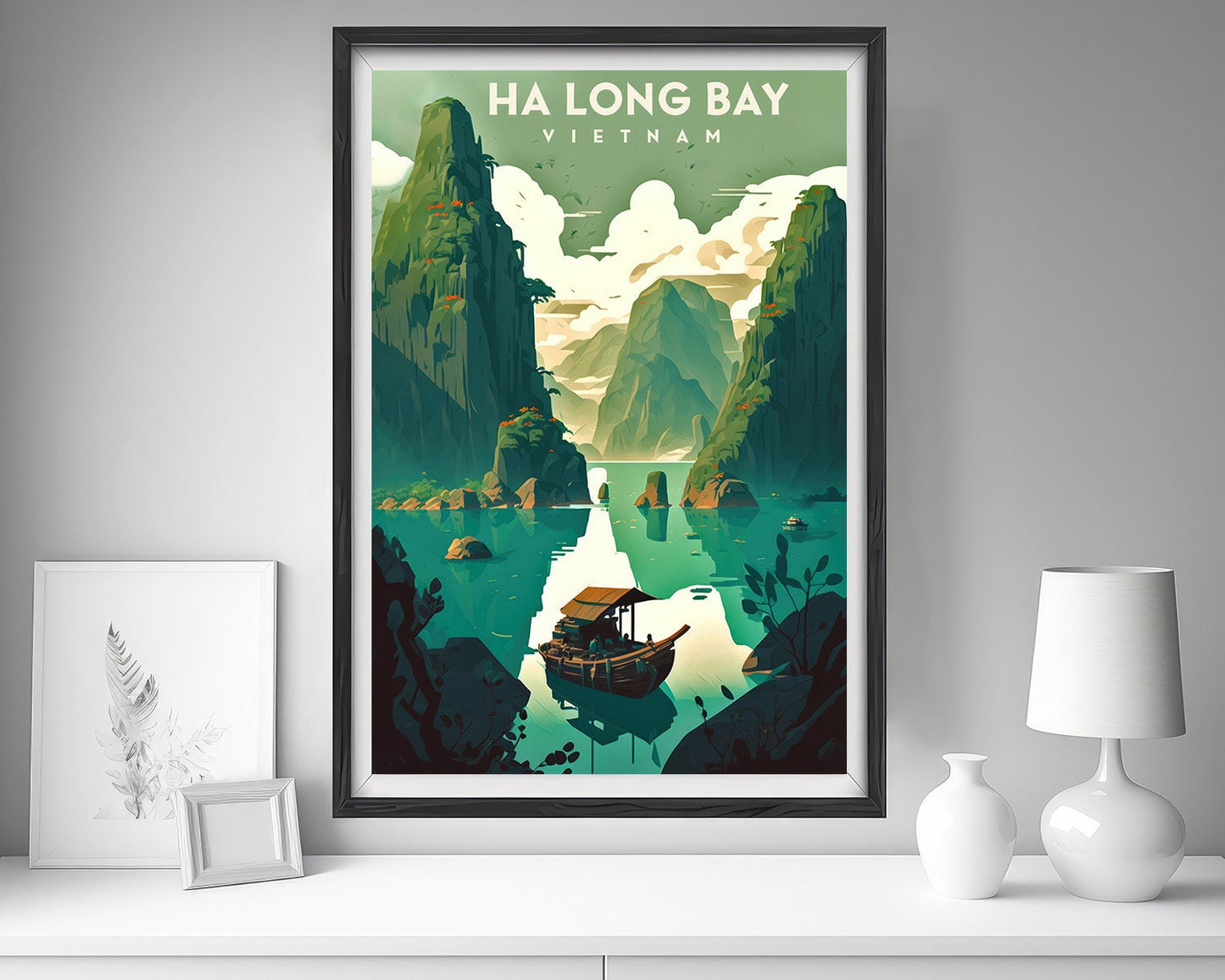 Framed Vietnam Ha Long Bay Travel Poster in Portrait orientation, minimal background, close up wall art print 5