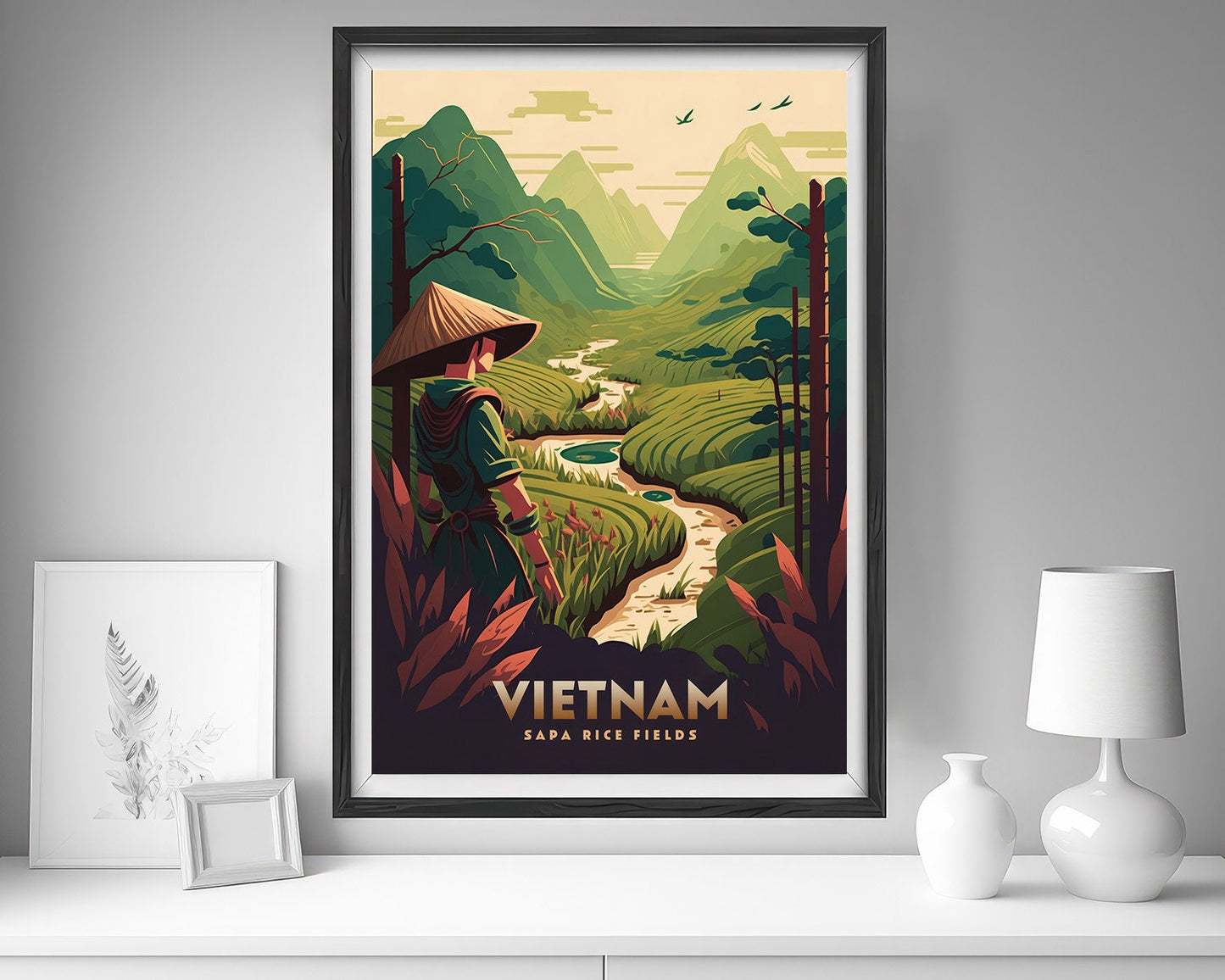 Framed Vietnam Sapa Travel Poster in Portrait orientation, minimal background, close up wall art print 5