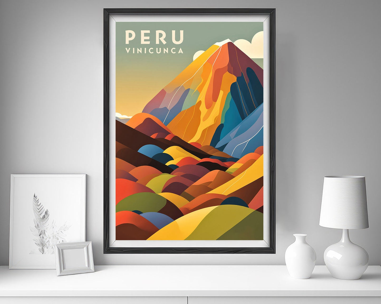 Framed Vinicunca Peru Travel Poster in Portrait orientation, minimal background, close up wall art print 5