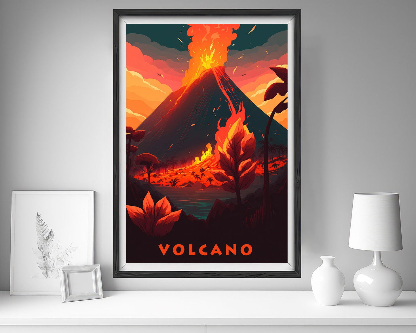 Framed Volcano Eruption Travel Poster in Portrait orientation, minimal background, close up wall art print 5
