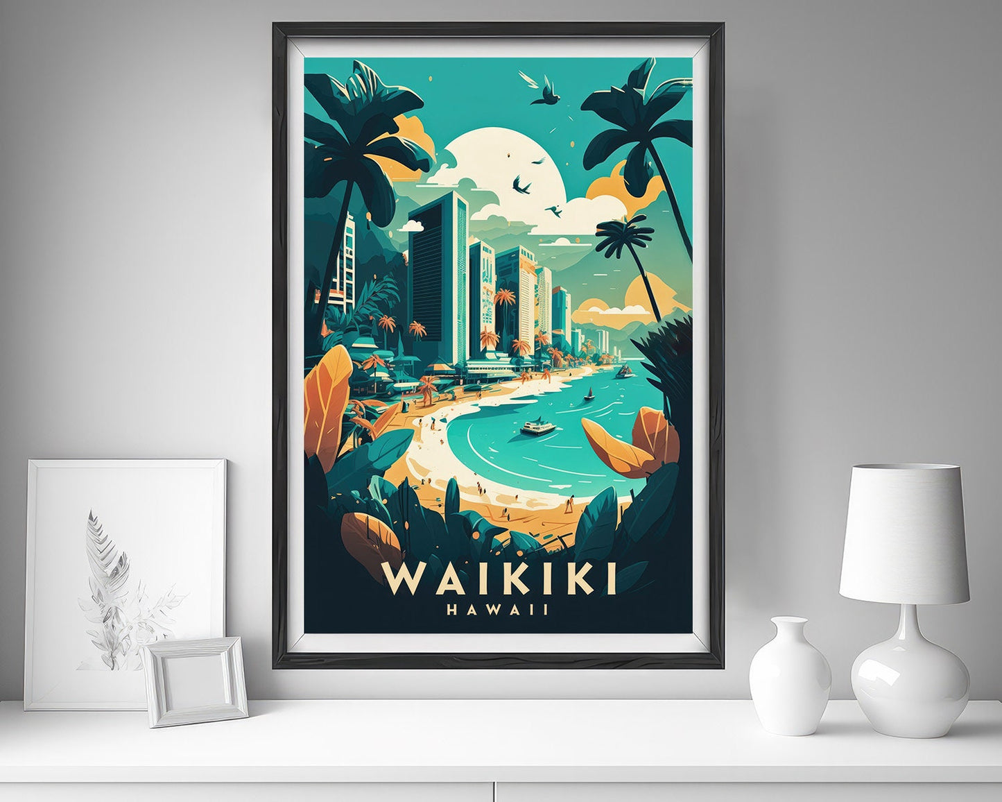 Framed Waikiki Hawaii Travel Poster in Portrait orientation, minimal background, close up wall art print 5